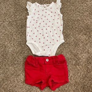 OshKosh Cherry Onesie w/matching Red Denim Shorts